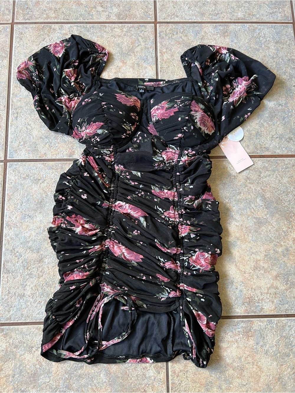 Blashe Los Angeles Black Floral Ruched Mini Dress